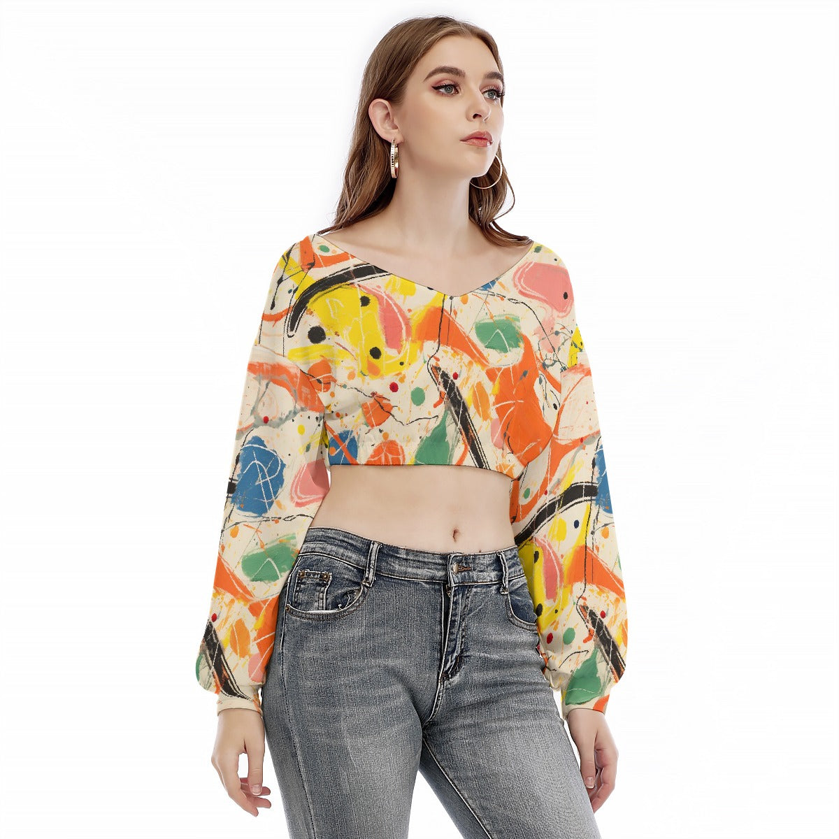 All-Over Print Women's V-neck Long Sleeve Cropped Sweatshirt