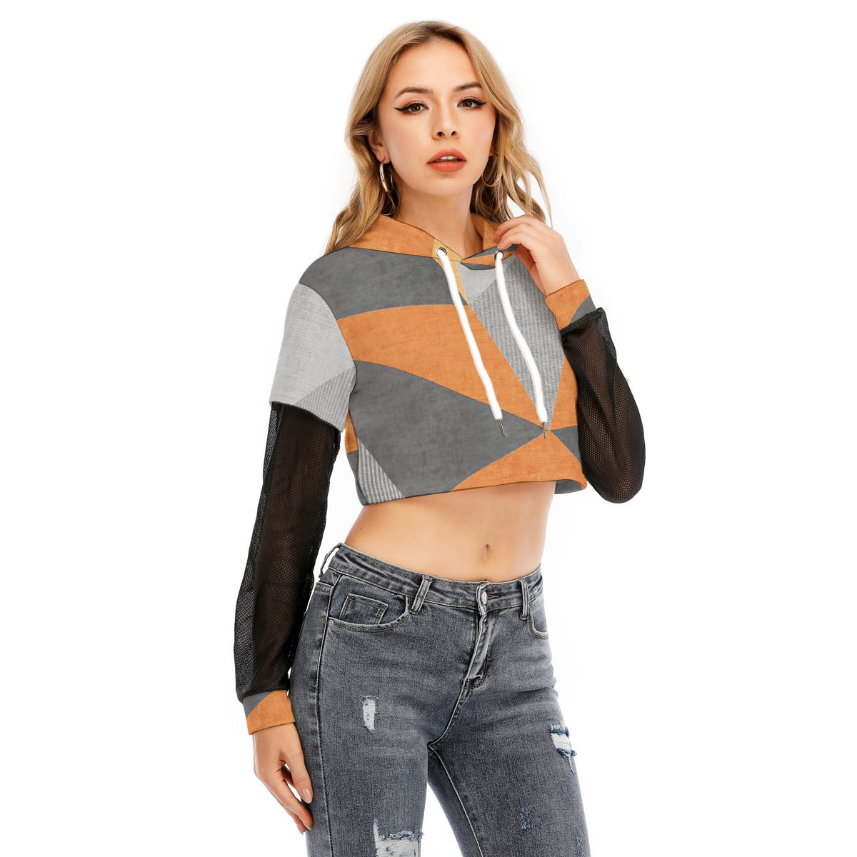 All-Over Print Women's Fake Two-piece Mesh Sleeve Cropped Hoodie