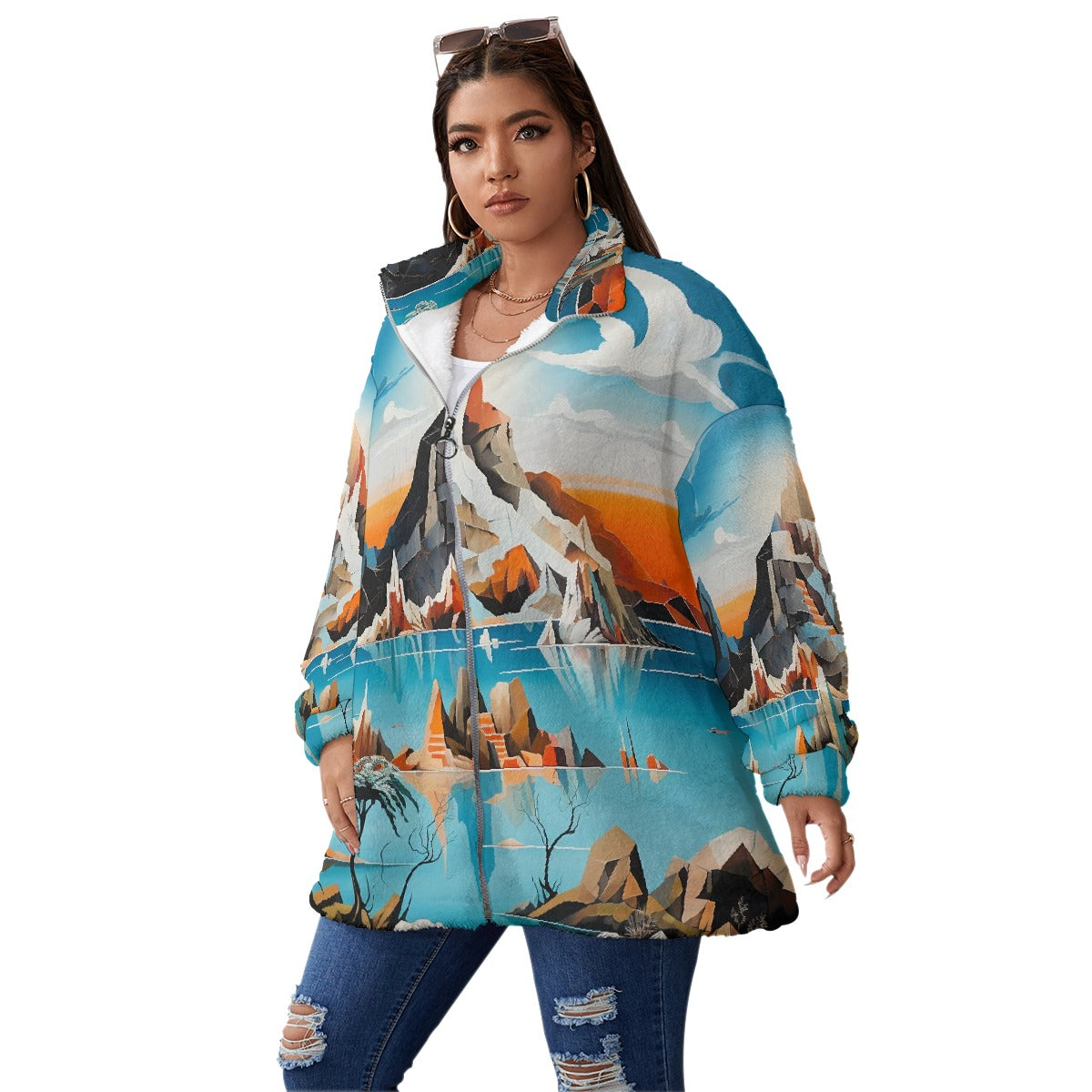 All-Over Print Unisex Borg Fleece Stand-up Collar Coat With Zipper Closure(Plus Size)
