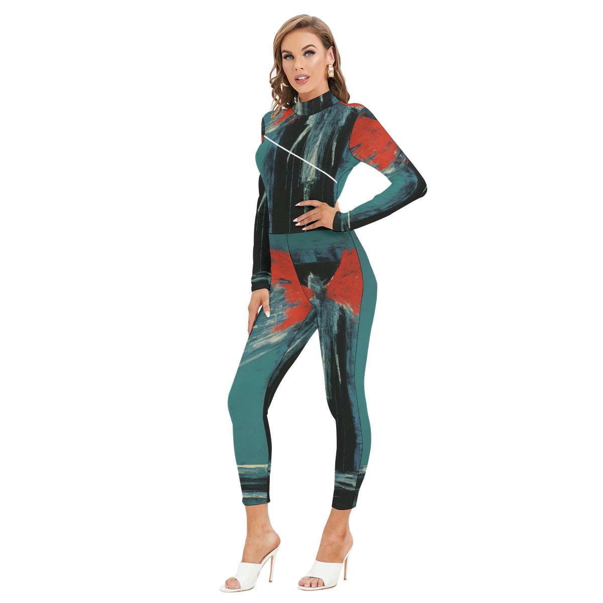 All-Over Print Women's Long-sleeved High-neck Jumpsuit With Zipper