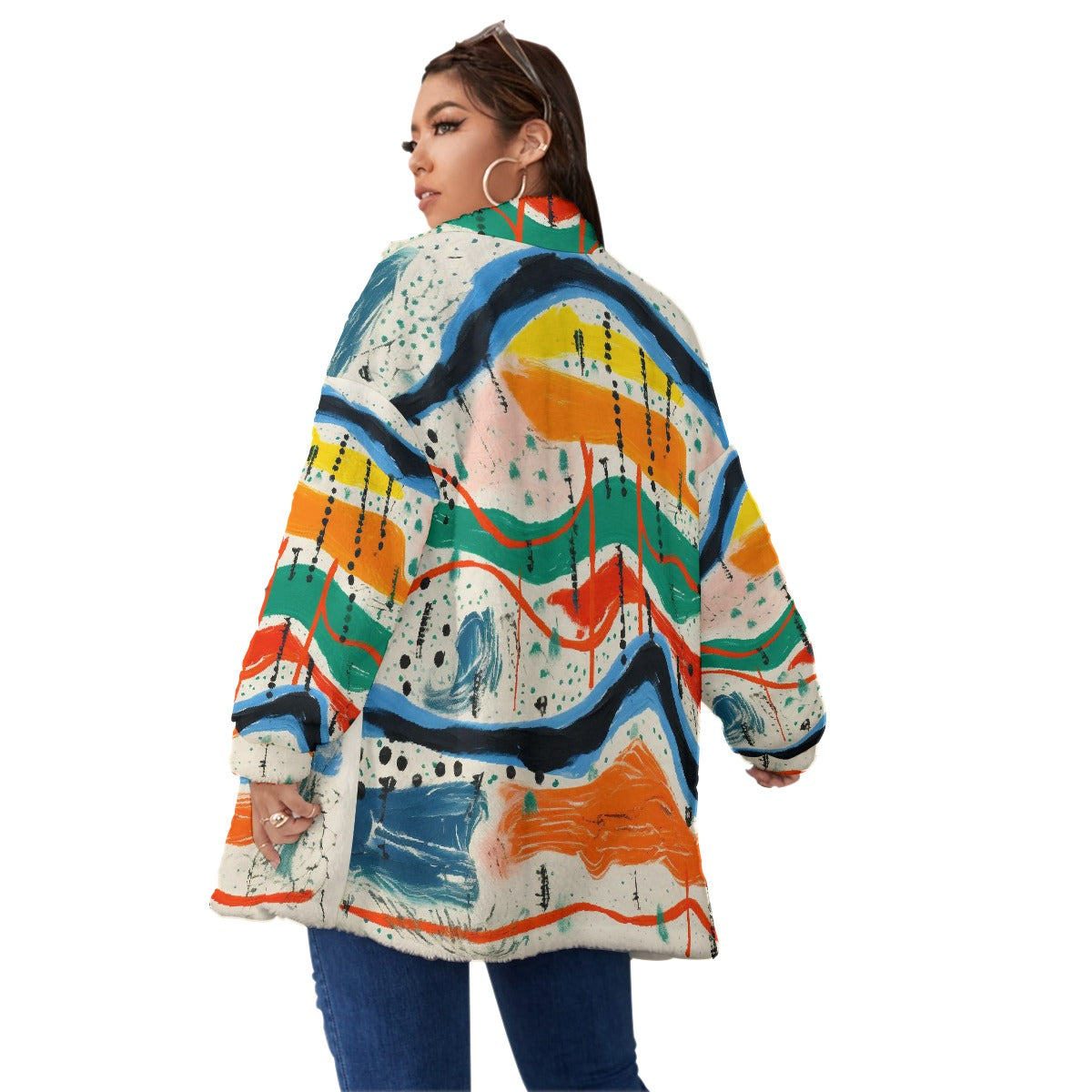 All-Over Print Unisex Borg Fleece Stand-up Collar Coat With Zipper Closure(Plus Size)