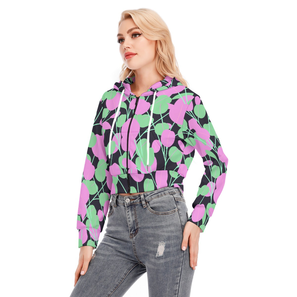 All-Over Print Women's Crop Top Hoodie With Zipper Closure