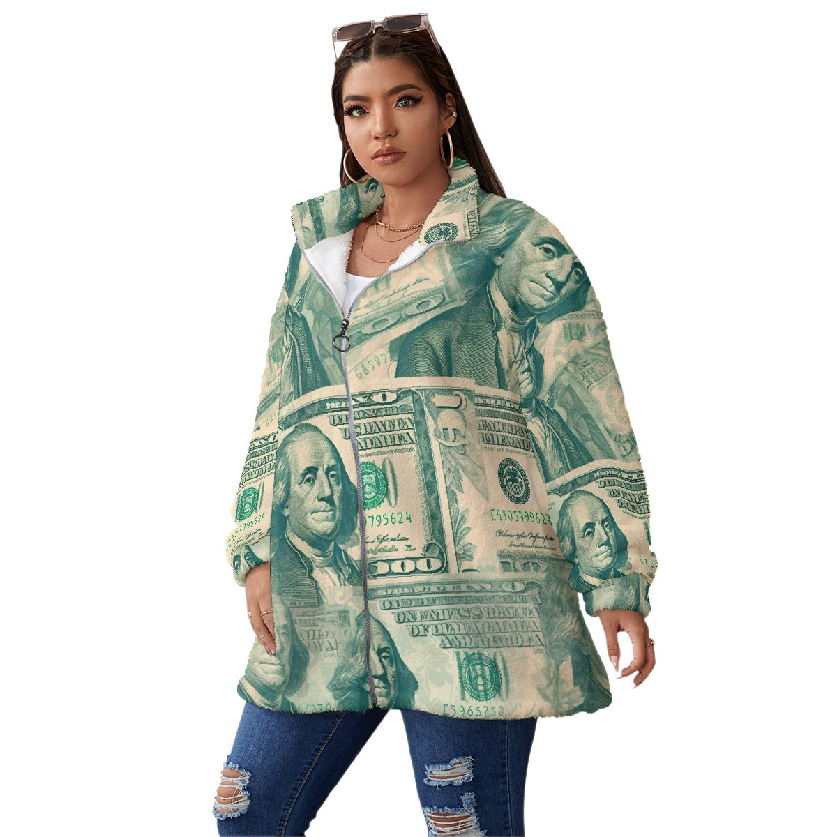 All-Over Print Unisex Borg Fleece Stand-up Collar Coat With Zipper Closure(Plus Size)