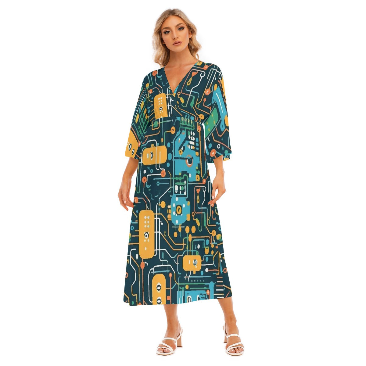 All-Over Print Women's Mid-Sleeve Long Dress