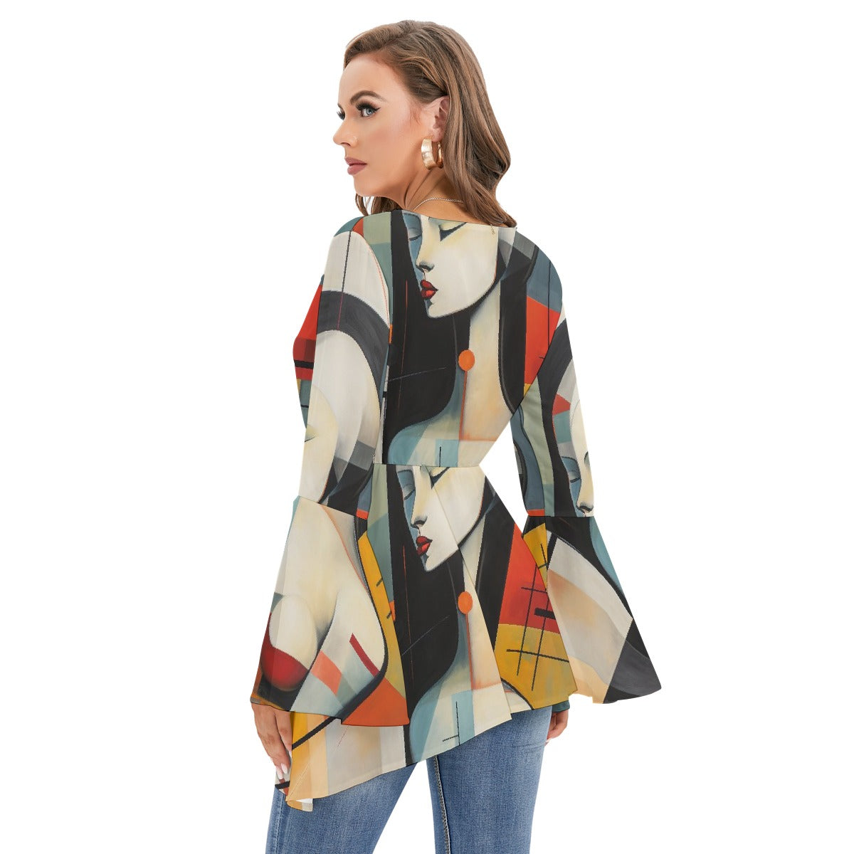 All-Over Print Women's V-neck Blouse With Flared Sleeves