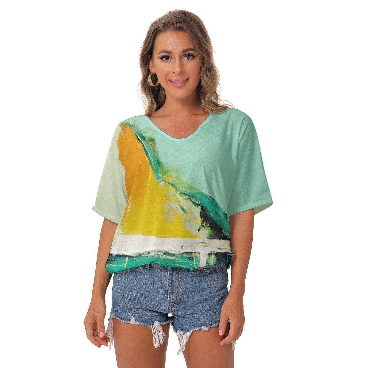 All-Over Print Women's Bat Sleeves V-Neck Blouse