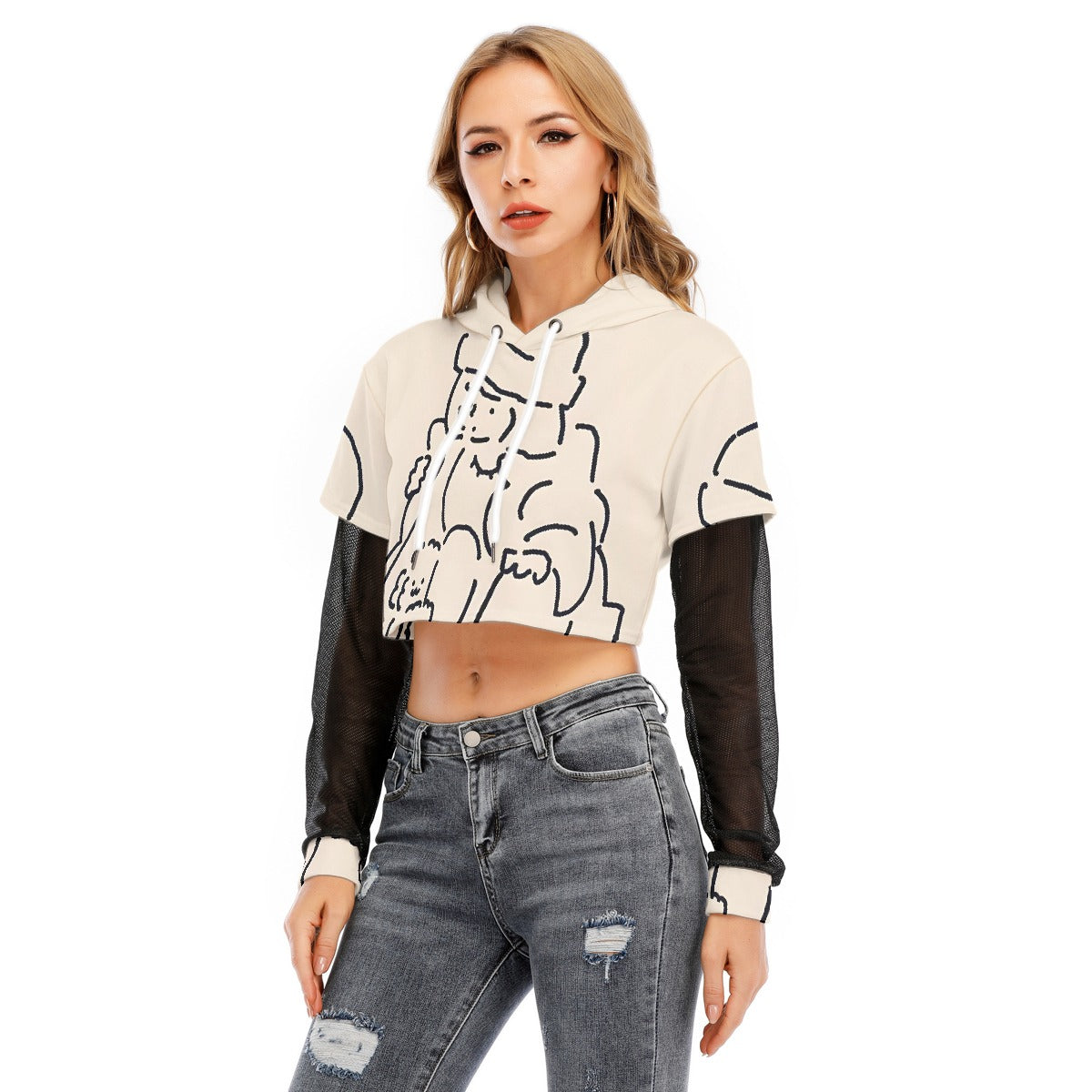 All-Over Print Women's Fake Two-piece Mesh Sleeve Cropped Hoodie