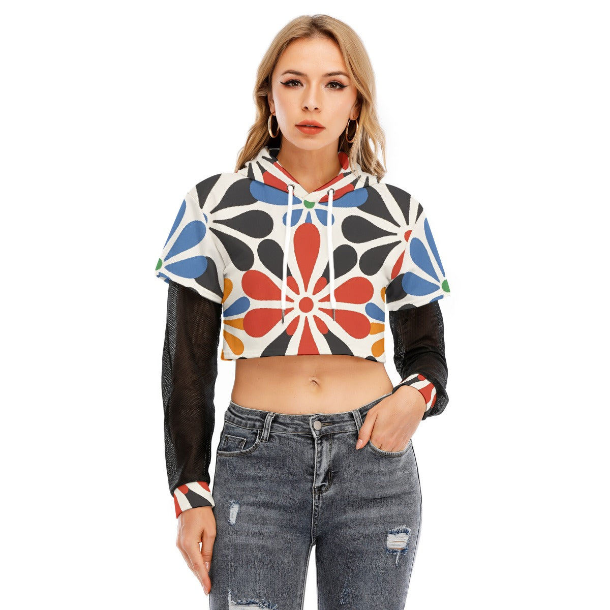 All-Over Print Women's Fake Two-piece Mesh Sleeve Cropped Hoodie