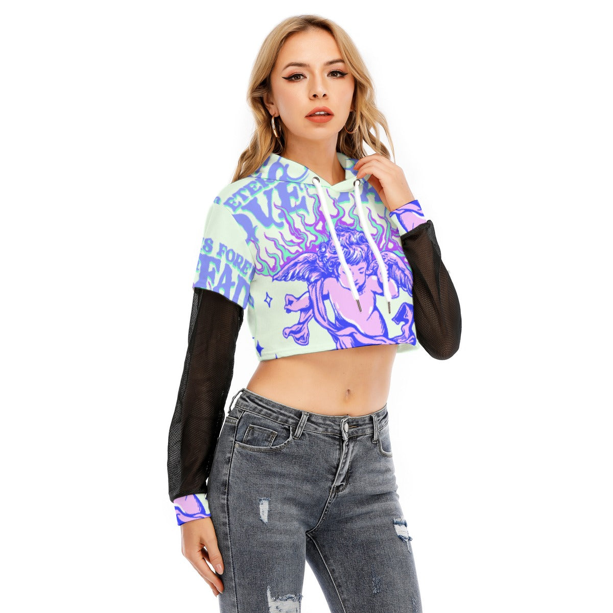 All-Over Print Women's Fake Two-piece Mesh Sleeve Cropped Hoodie