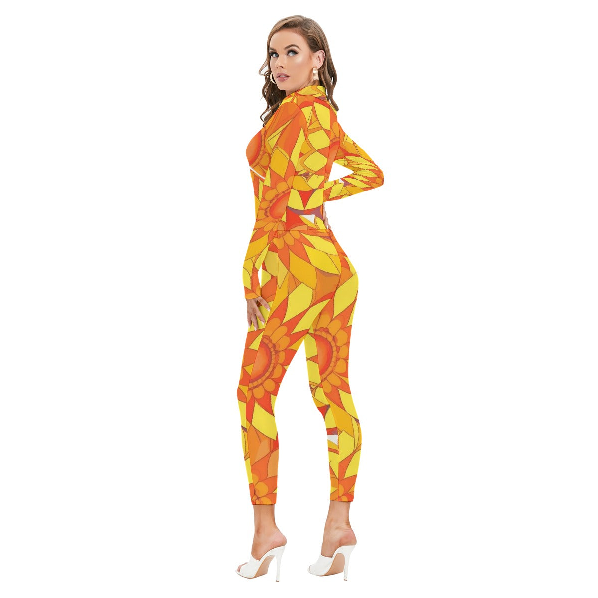 All-Over Print Women's Long-sleeved High-neck Jumpsuit With Zipper