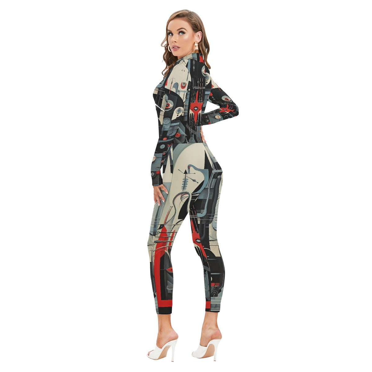 All-Over Print Women's Long-sleeved High-neck Jumpsuit With Zipper