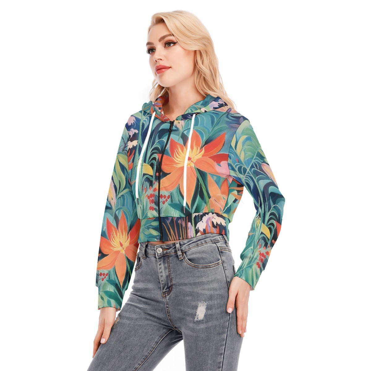 All-Over Print Women's Crop Top Hoodie With Zipper Closure