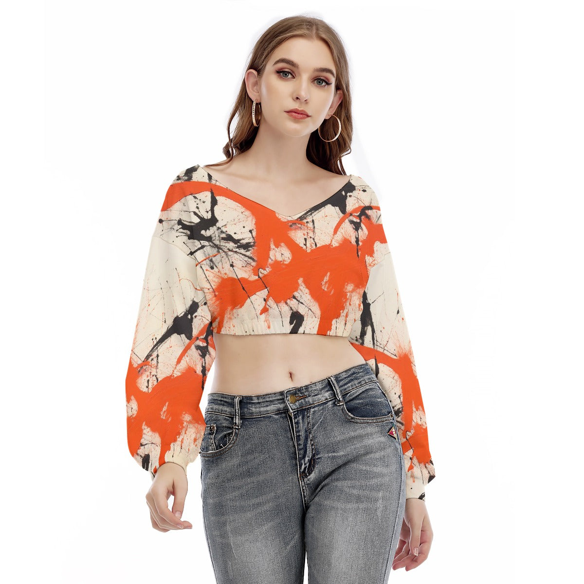 All-Over Print Women's V-neck Long Sleeve Cropped Sweatshirt