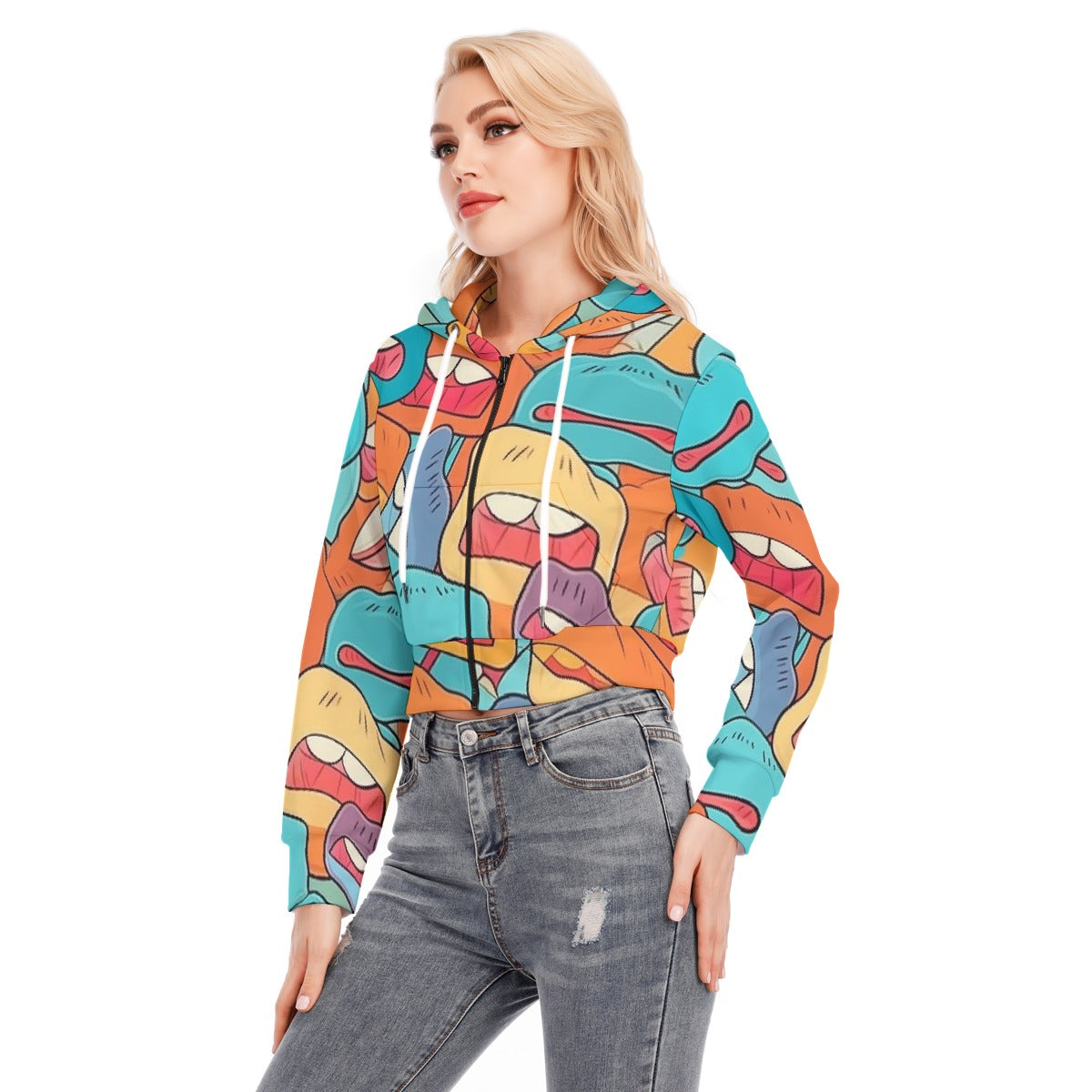 All-Over Print Women's Crop Top Hoodie With Zipper Closure