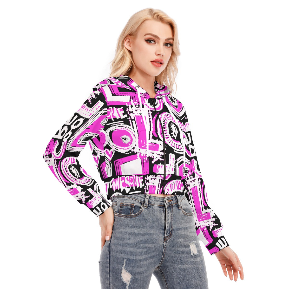 All-Over Print Women's Crop Top Hoodie With Zipper Closure