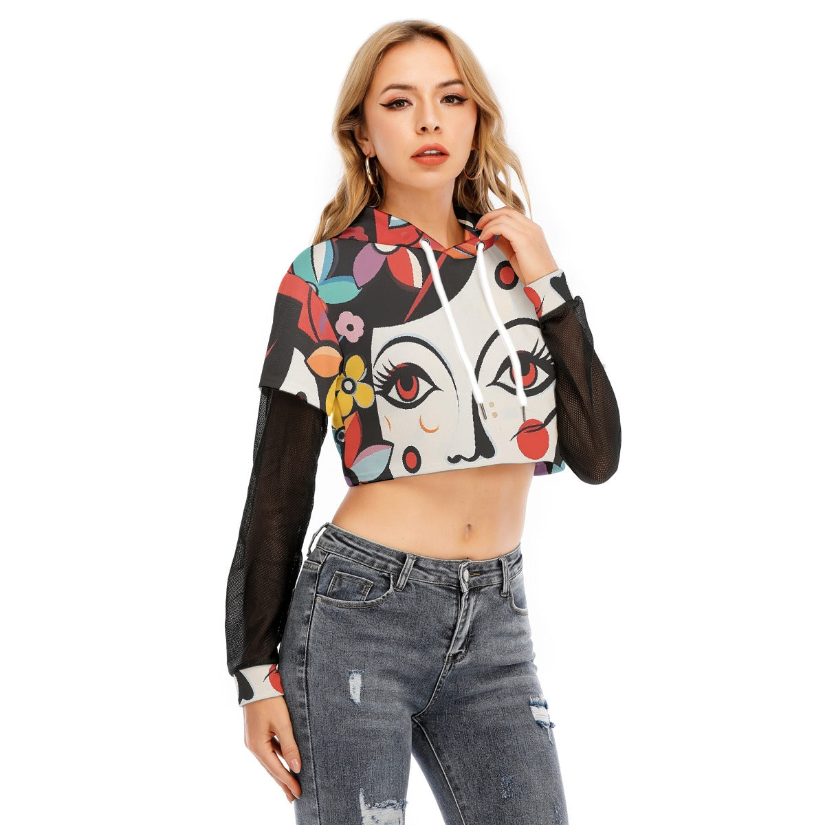 All-Over Print Women's Fake Two-piece Mesh Sleeve Cropped Hoodie