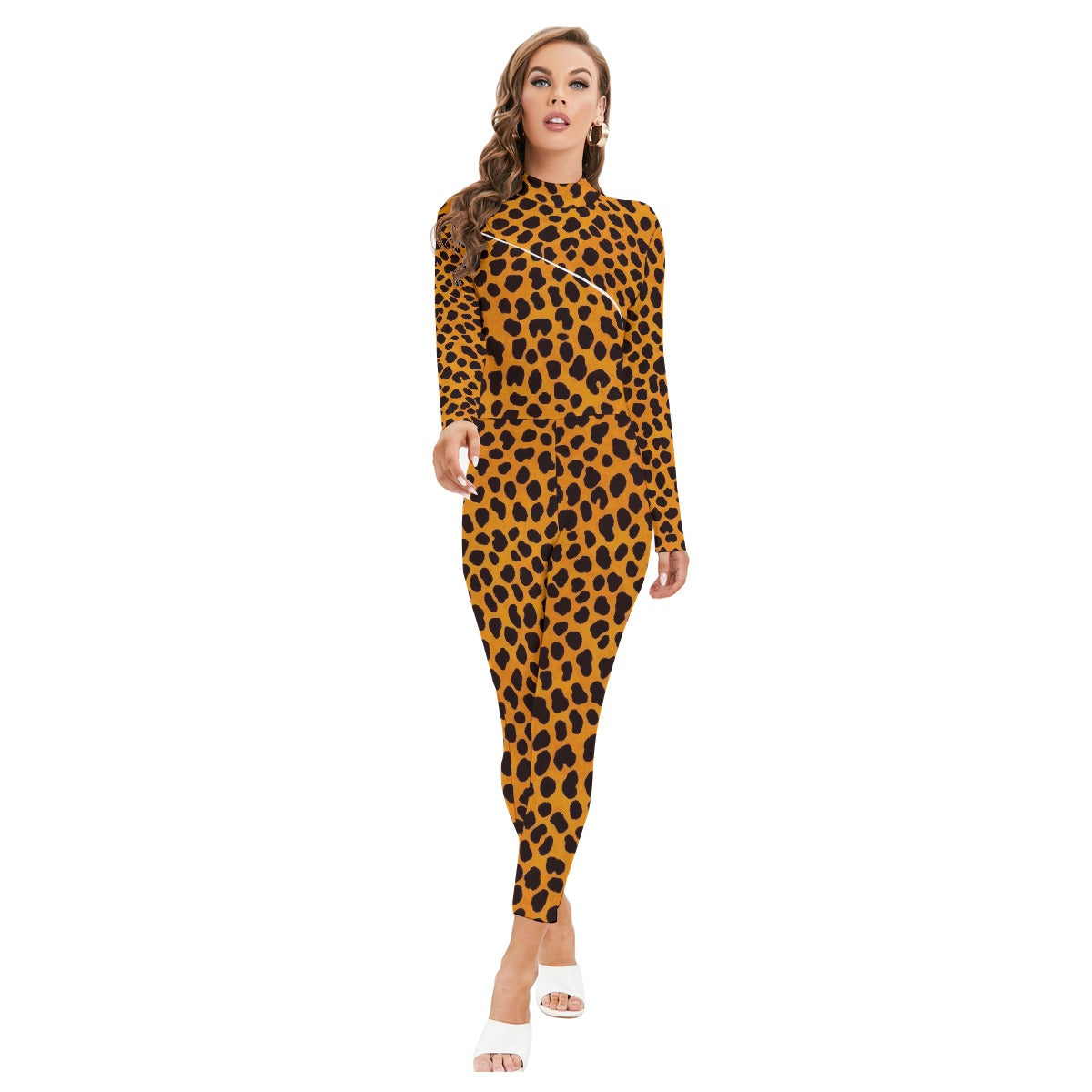 All-Over Print Women's Long-sleeved High-neck Jumpsuit With Zipper