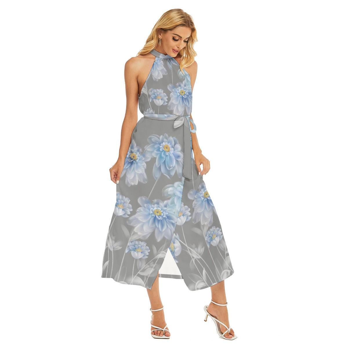 All-Over Print Women's Wrap Hem Belted Halter Dress