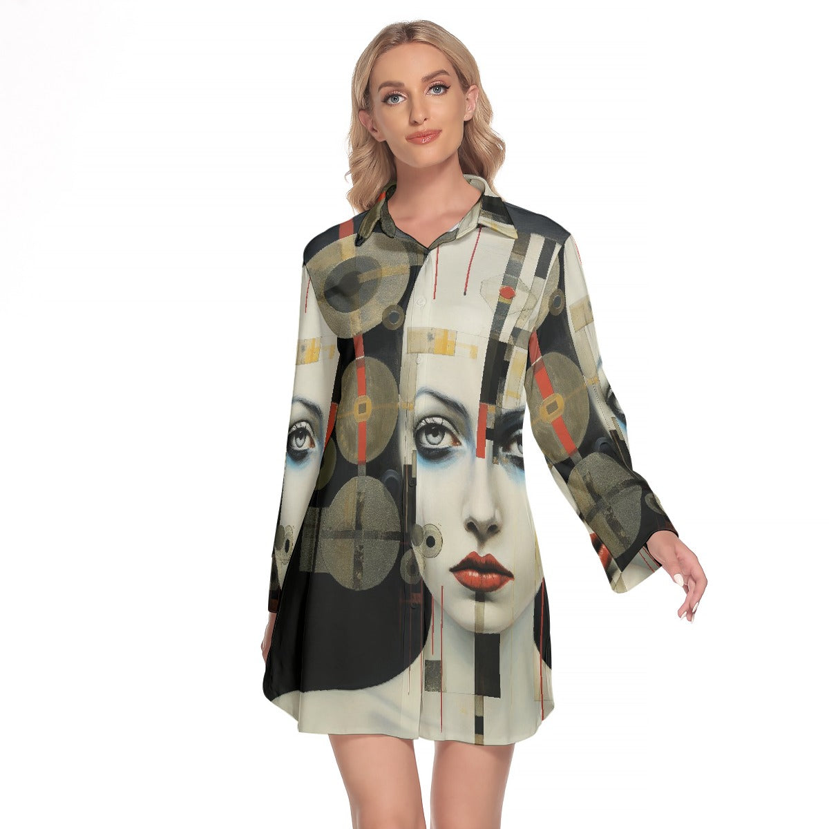 All-Over Print Women's Lapel Shirt Dress With Long Sleeve