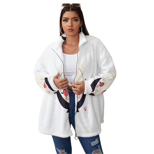 All-Over Print Unisex Borg Fleece Stand-up Collar Coat With Zipper Closure(Plus Size)