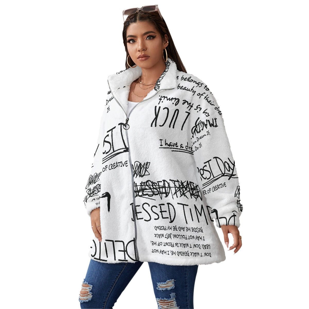 All-Over Print Unisex Borg Fleece Stand-up Collar Coat With Zipper Closure(Plus Size)