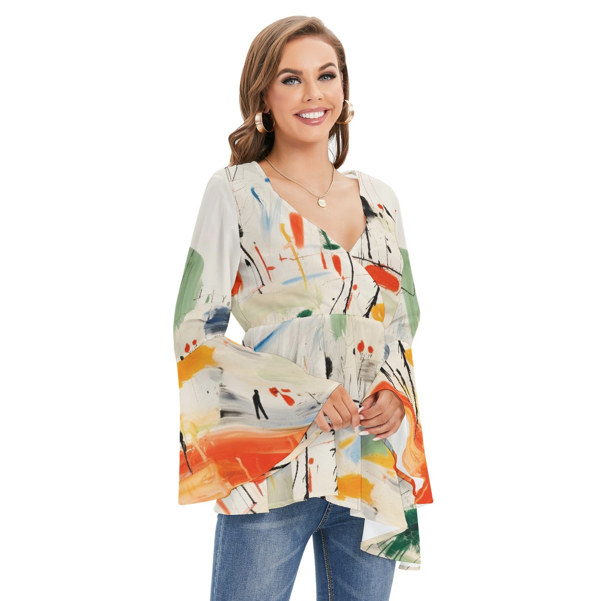 All-Over Print Women's V-neck Blouse With Flared Sleeves