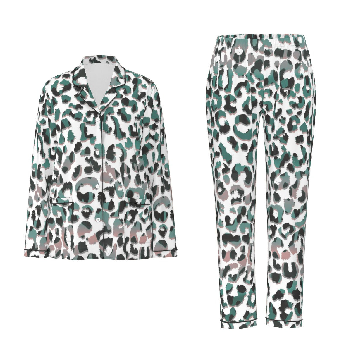 All-Over Print Women's Long Sleeve Pajama Set With Black Contrast Piping