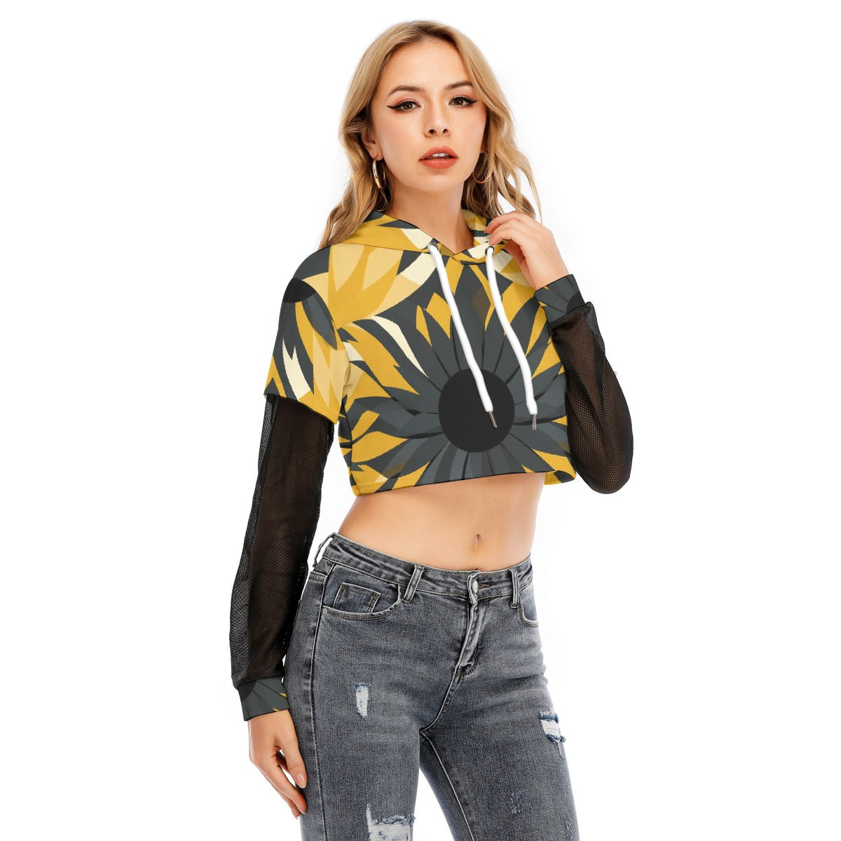 All-Over Print Women's Fake Two-piece Mesh Sleeve Cropped Hoodie
