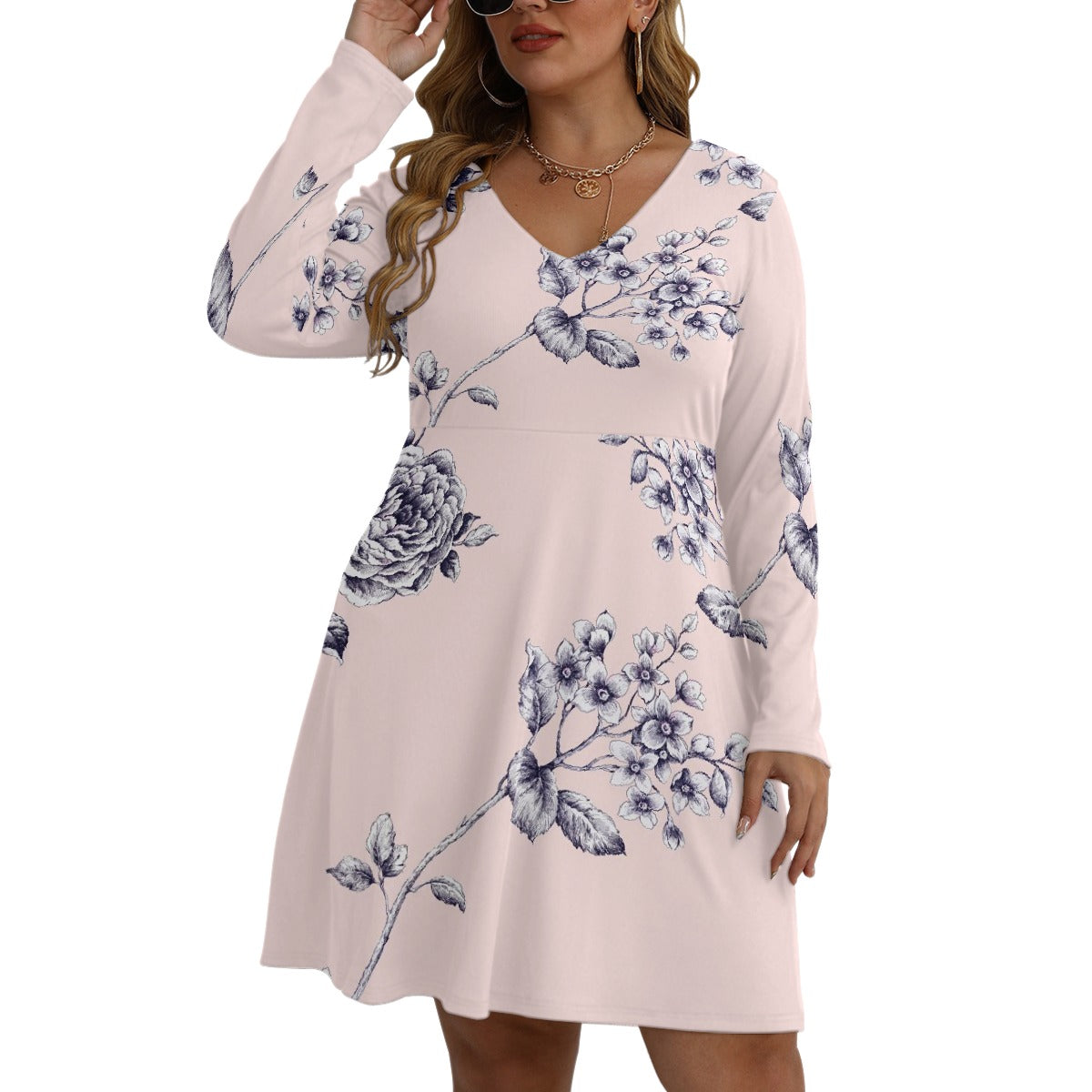 All-Over Print Women's V-neck Long Sleeve Dress(Plus Size)
