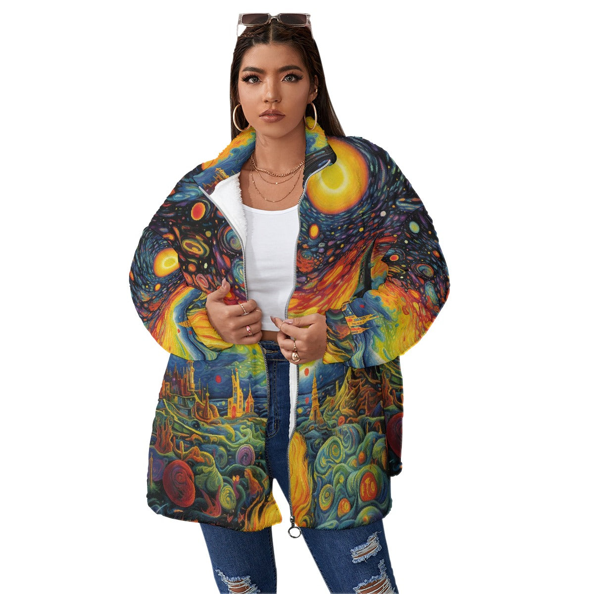 All-Over Print Unisex Borg Fleece Stand-up Collar Coat With Zipper Closure(Plus Size)