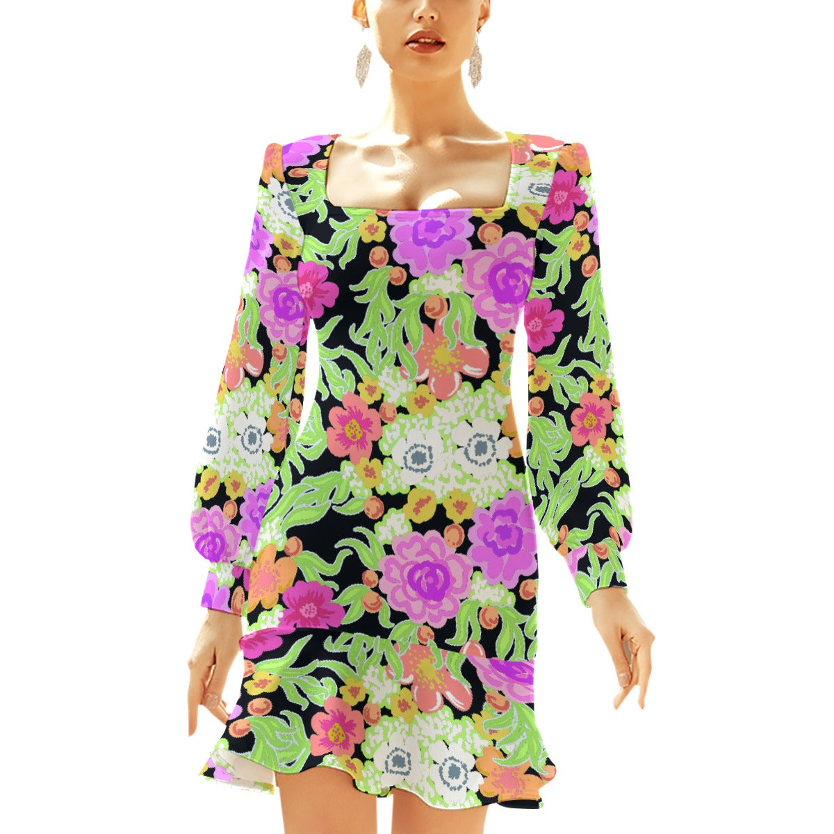 All-Over Print Women's Ruffle Hem Skinny Dress