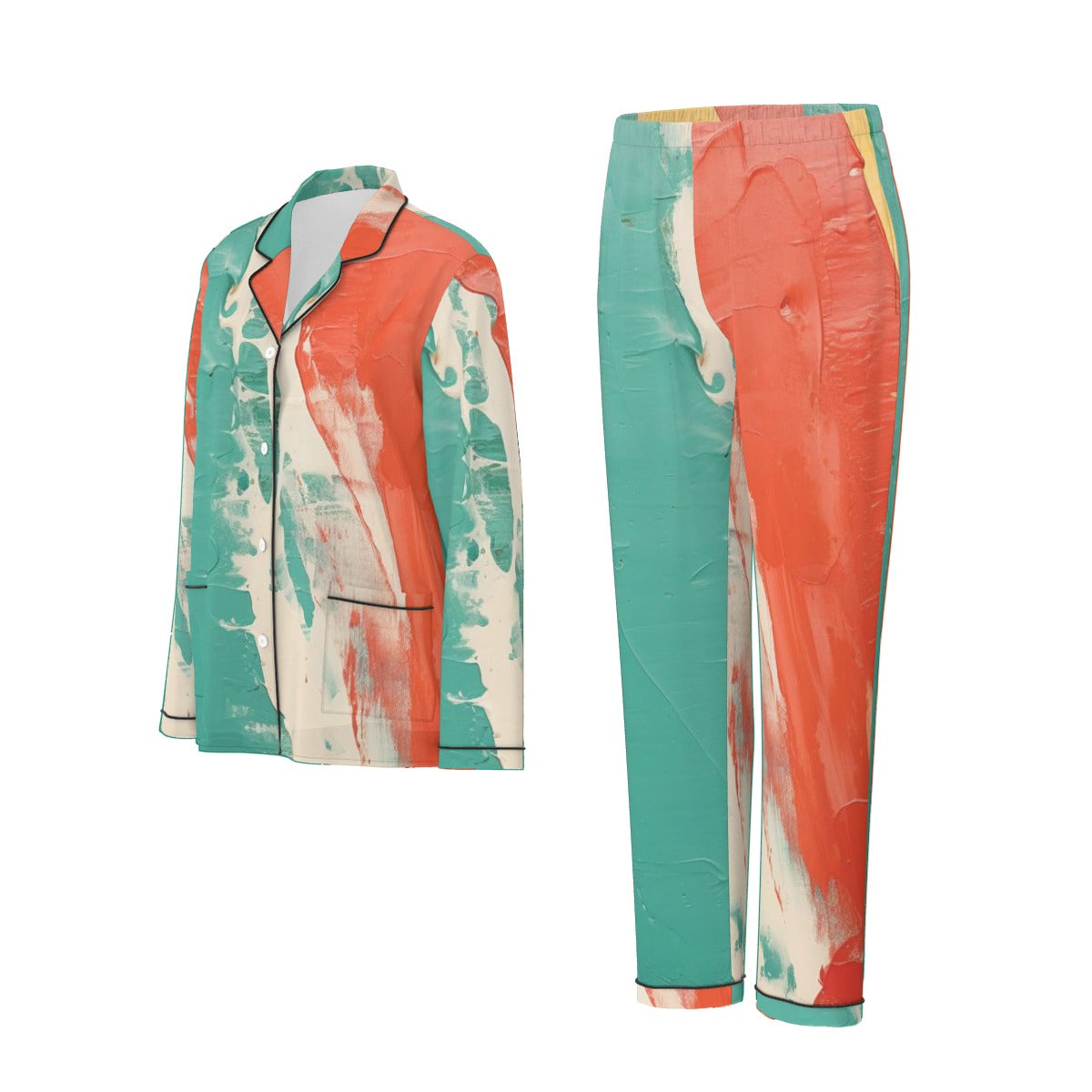 All-Over Print Women's Long Sleeve Pajama Set With Black Contrast Piping