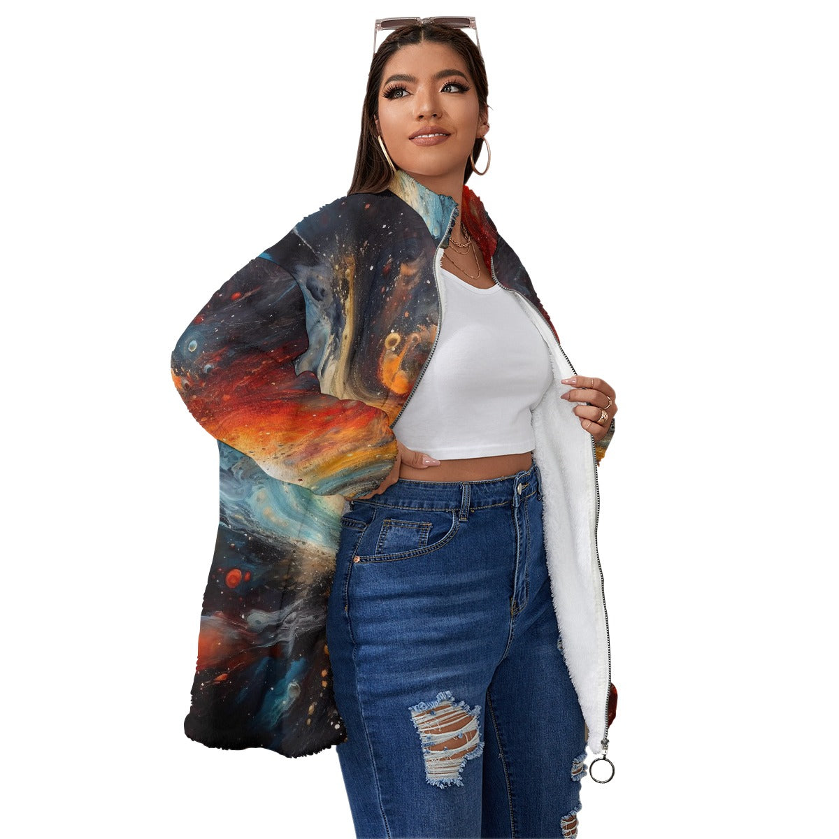 All-Over Print Unisex Borg Fleece Stand-up Collar Coat With Zipper Closure(Plus Size)