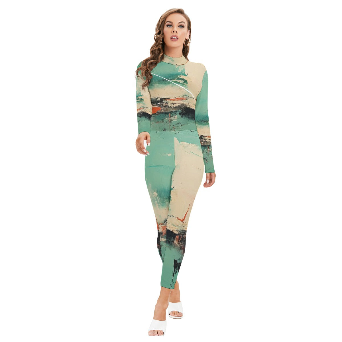 All-Over Print Women's Long-sleeved High-neck Jumpsuit With Zipper