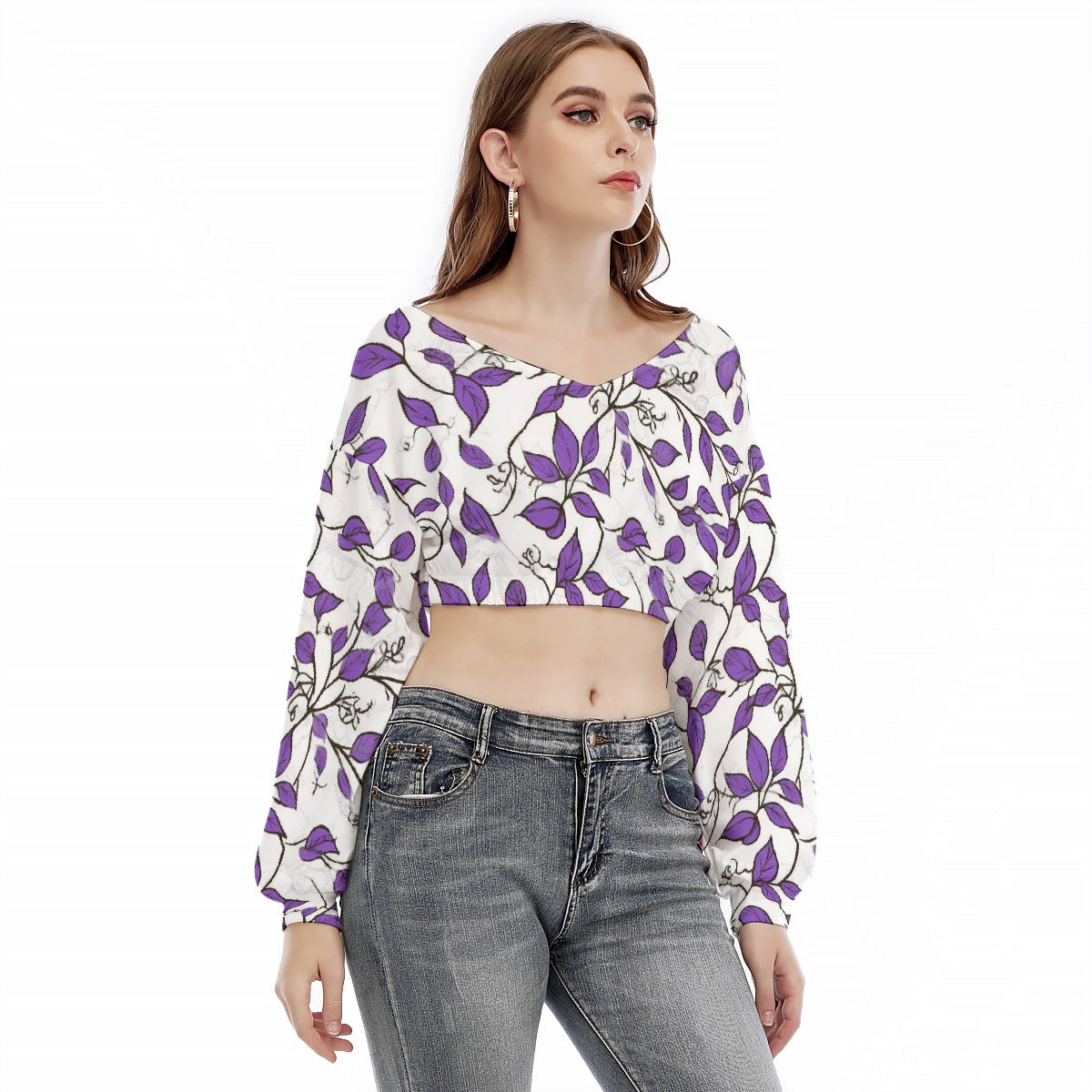 All-Over Print Women's V-neck Long Sleeve Cropped Sweatshirt