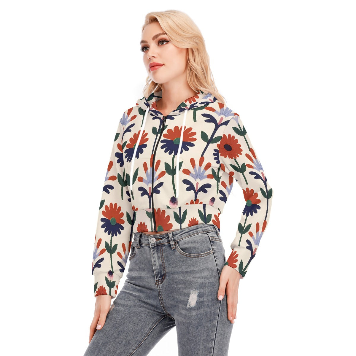 All-Over Print Women's Crop Top Hoodie With Zipper Closure