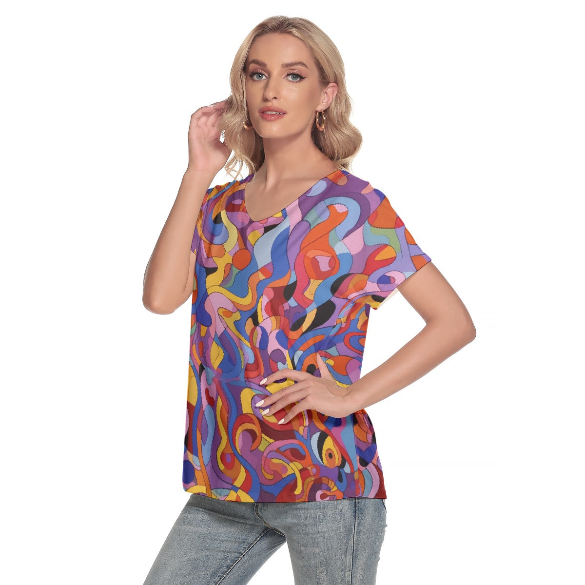All-Over Print Women's Loose V-neck Short Sleeve T-shirt