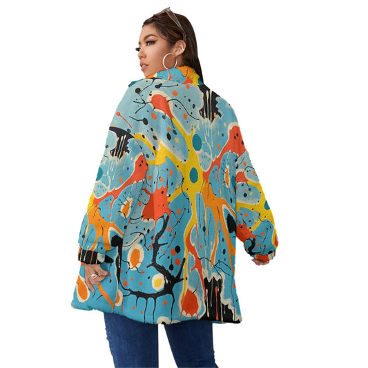 All-Over Print Unisex Borg Fleece Stand-up Collar Coat With Zipper Closure(Plus Size)