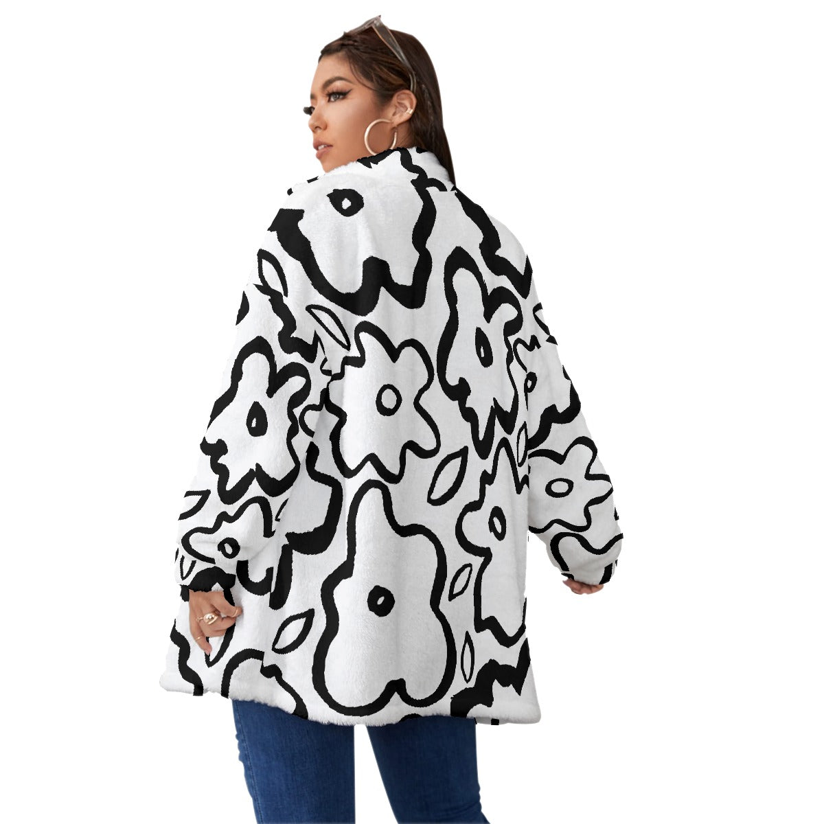 All-Over Print Unisex Borg Fleece Stand-up Collar Coat With Zipper Closure(Plus Size)