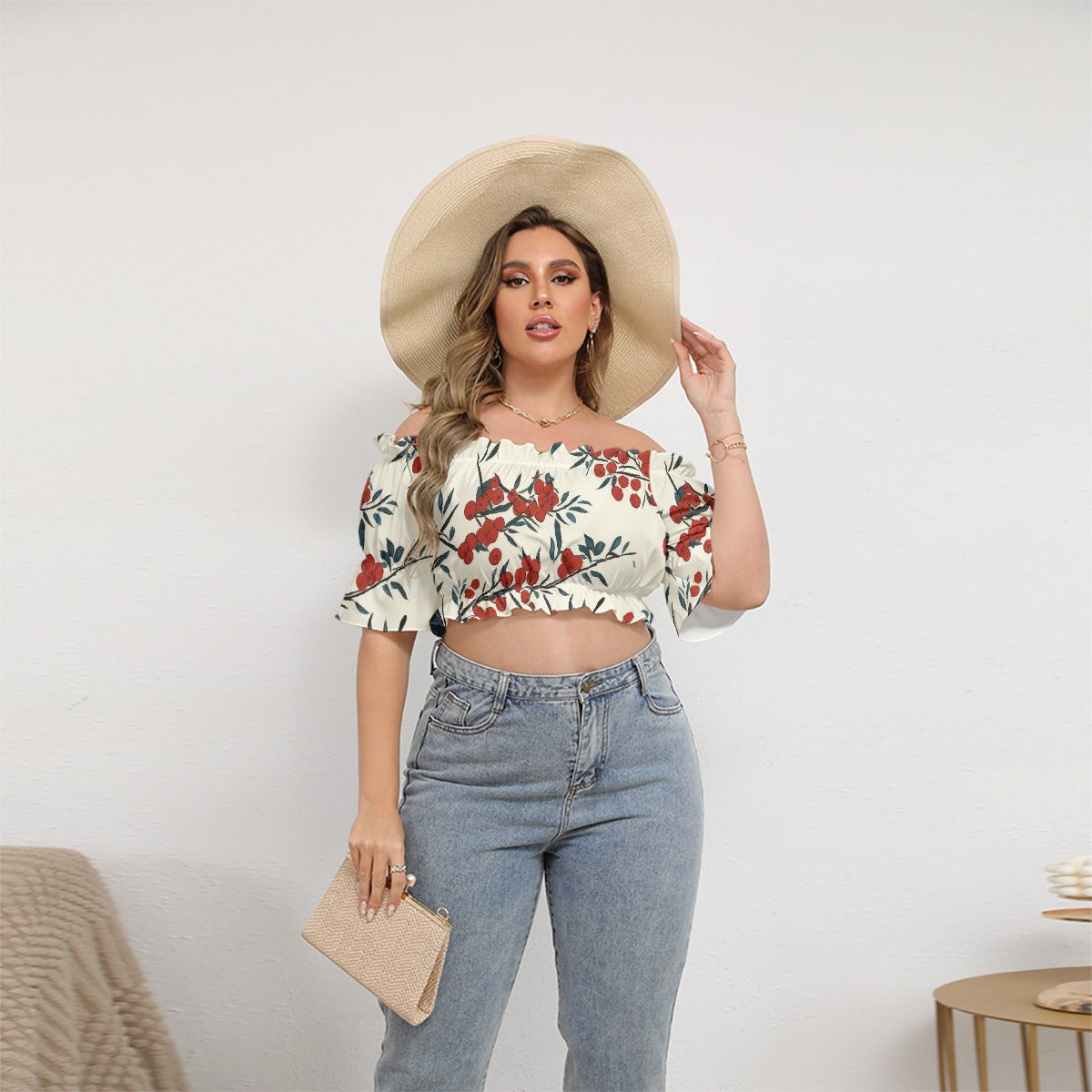 All-Over Print Women's Off-shoulder Cropped Top With Short Puff Sleeve