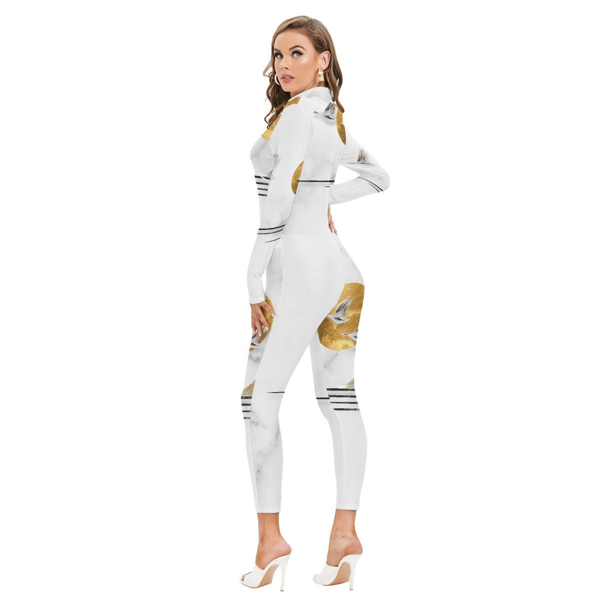 All-Over Print Women's Long-sleeved High-neck Jumpsuit With Zipper