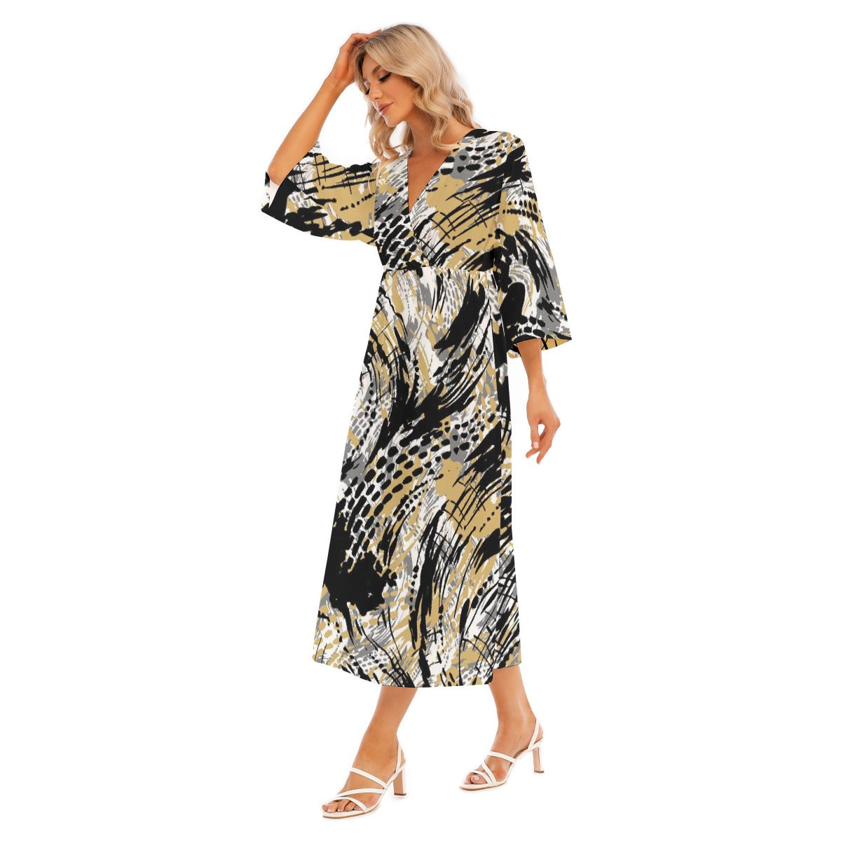All-Over Print Women's Mid-Sleeve Long Dress