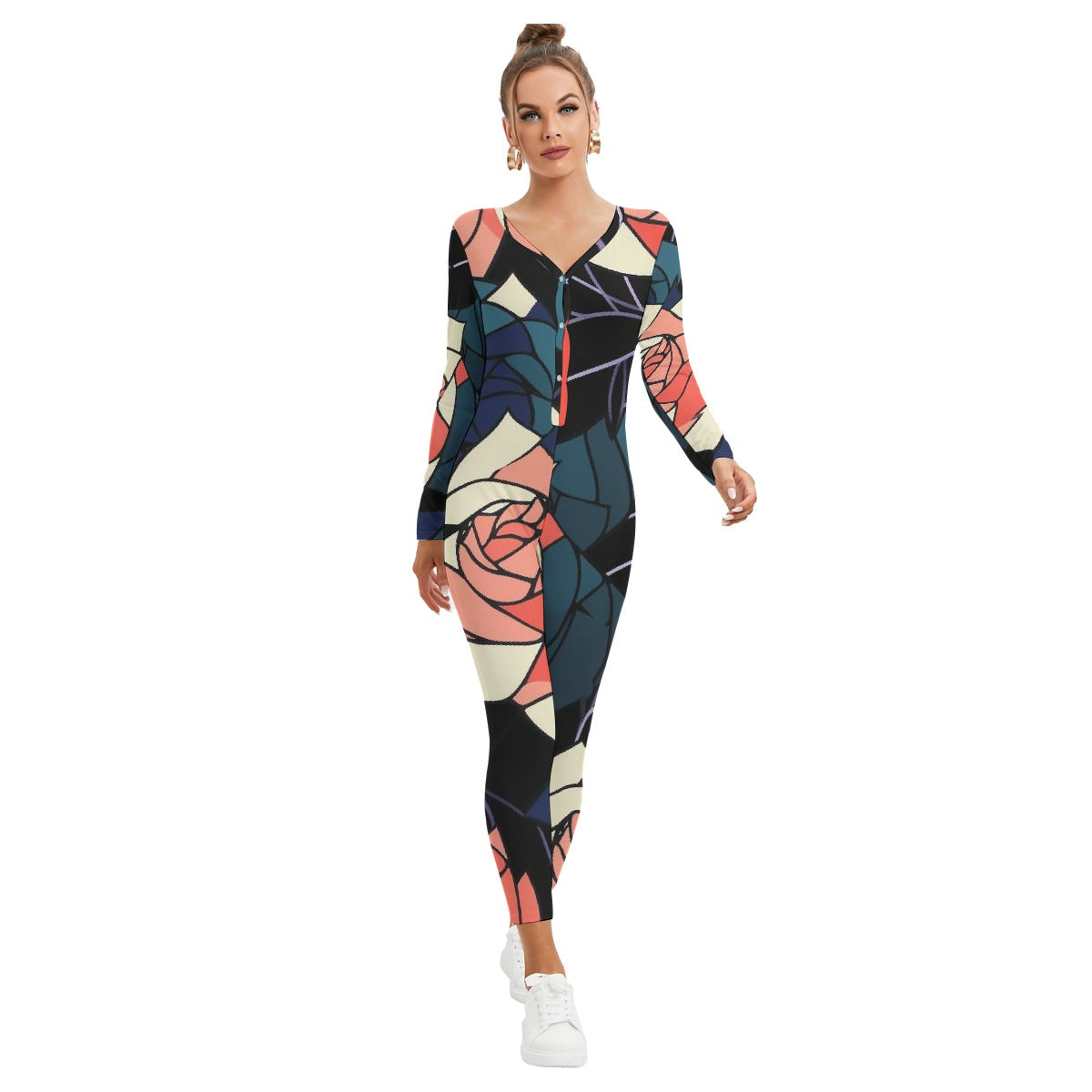 All-Over Print Women's Plunging Neck Jumpsuit
