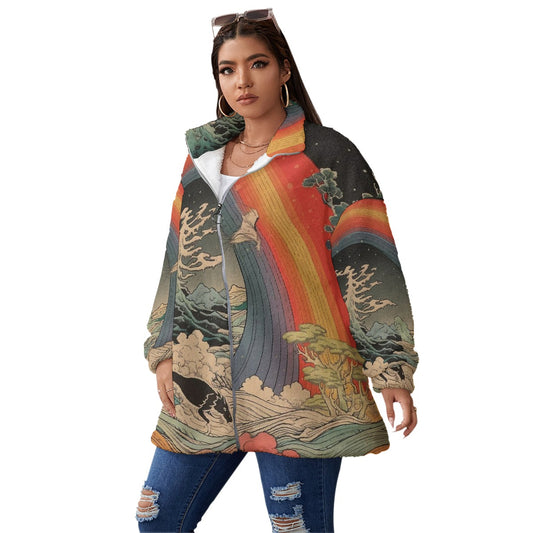 All-Over Print Unisex Borg Fleece Stand-up Collar Coat With Zipper Closure(Plus Size)