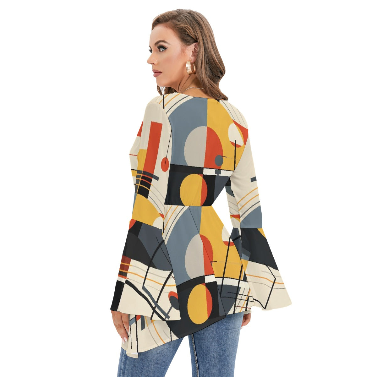 All-Over Print Women's V-neck Blouse With Flared Sleeves
