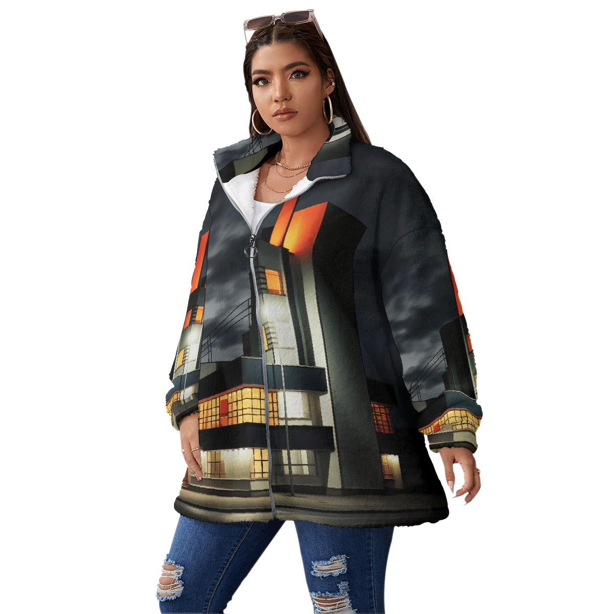 All-Over Print Unisex Borg Fleece Stand-up Collar Coat With Zipper Closure(Plus Size)