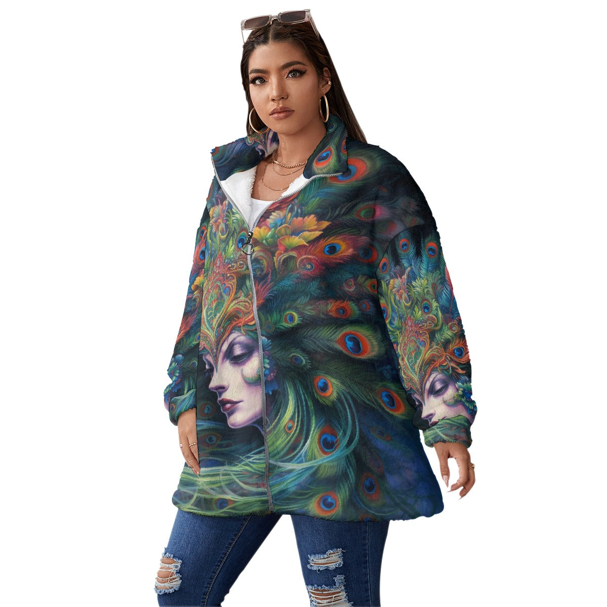 All-Over Print Unisex Borg Fleece Stand-up Collar Coat With Zipper Closure(Plus Size)