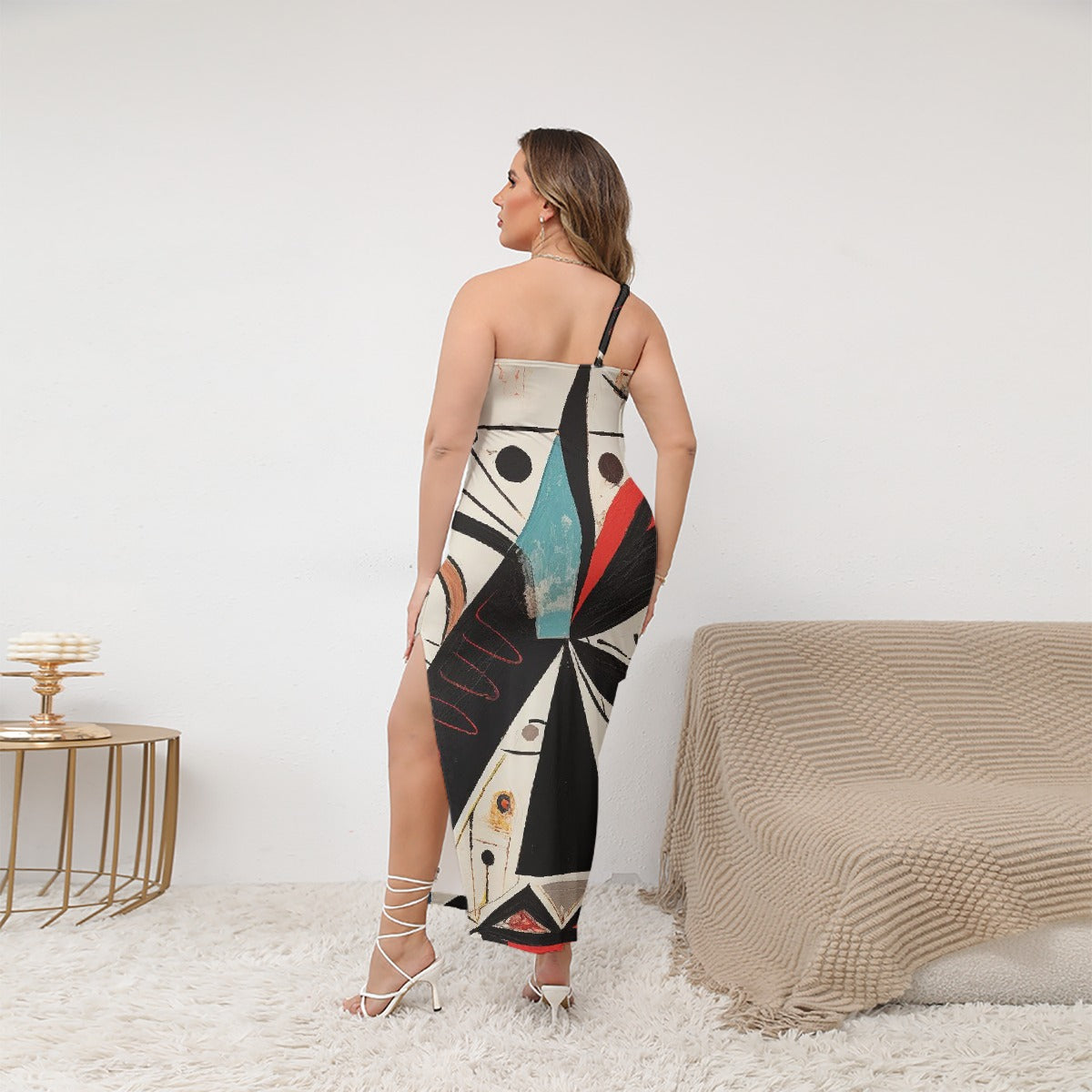 All-Over Print Women's Oblique-Shoulder Exposure Dress With Side Split (Plus Size)