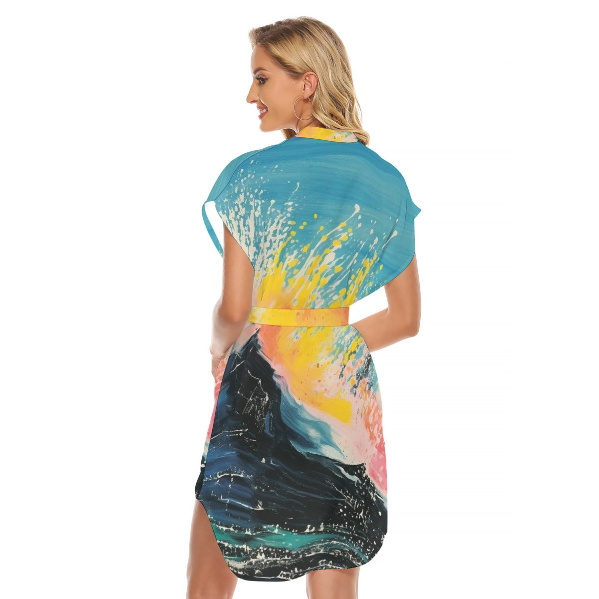 All-Over Print Women's Stand-up Collar Casual Dress With Belt