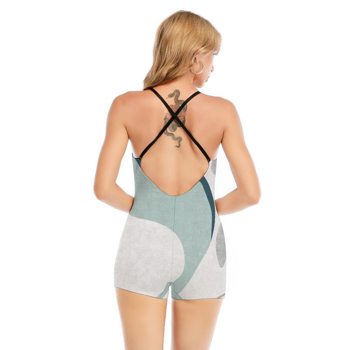 All-Over Print Women's Backless Romper With Black Straps